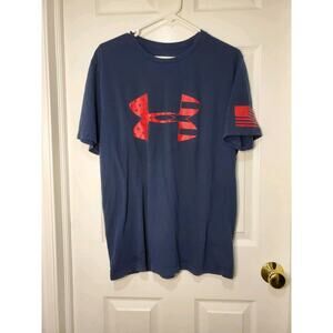 Under Armour Heat Gear T-Shirt Size LG Navy Blue With Red Logo Cotton Blend